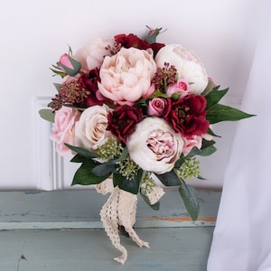 Red pink silk Rose peony Bridal bouquet,wedding bouquet, wedding flowers ,bridesmaid wedding flowers, rustic boho wedding image 3
