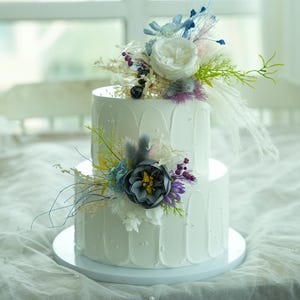 Rustic Wedding Cake Topper Set: White Pampas & Artificial Flowers