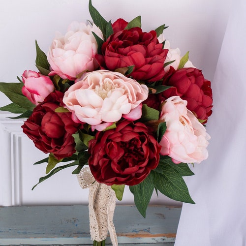 Red Pink Silk Rose Peony Bridal Bouquetwedding Bouquet - Etsy