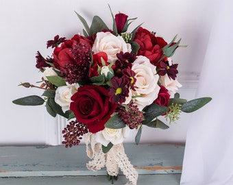 red white silk Rose peony Bridal bouquet,wedding bouquet, wedding flowers ,bridesmaid wedding flowers, rustic boho wedding