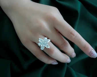 S999 Sterling Silver Lily Ring: Adjustable Floral Boho Jewelry