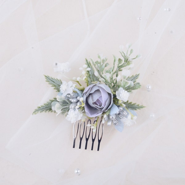 Blue rose hair comb, Succulent hair comb wedding ,Boho Floral bridal, Bridal headpiece,Flower leaves,Bridesmaid kanzashi for wedding