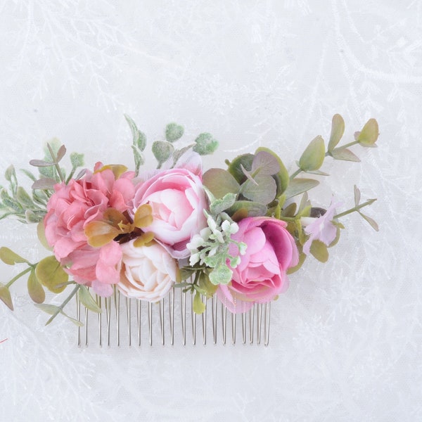 Pink rose hair comb, Succulent hair comb wedding ,Boho Floral bridal, Bridal headpiece,Flower leaves,Bridesmaid kanzashi for wedding