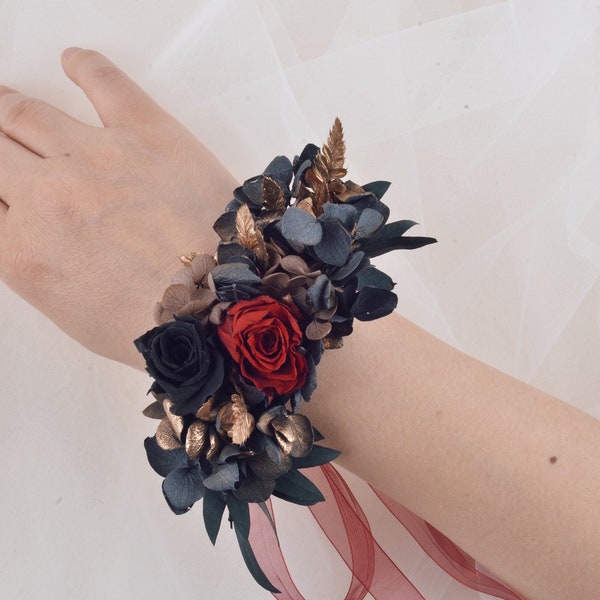 Preserved Flowers bracelet wrist corsage, bohemian wedding floral bracelet, boho chic wedding jewel,bridal bridesmaid,black red rustic