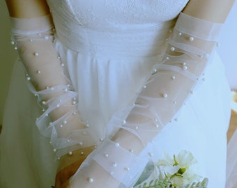 Pearl Long Tulle Bridal Fingerless Arm Cuff ,Chic Bride Wedding fingerless Gloves, pearl Tulle Gloves, pearl Lace Gloves, Tulle elbow sheer