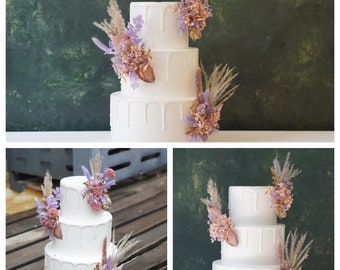 Set of 3 Wedding Cake Topper, Purple Floral Cake Decoration, Pampass Cake Flowers, Rustic Wedding, Boho Wedding