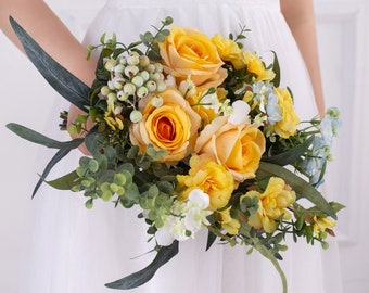 Yellow White Silk Rose Greenery Bridal bouquet,wedding bouquet, Fake  flowers ,Bridesmaid wedding flowers,Rustic boho wedding