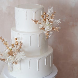 Gold Leaf Wedding Cake Topper Set: Artificial Rose & Pampas