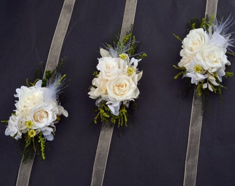 Preserved Flowers bracelet wrist corsage, bohemian wedding floral bracelet, boho chic wedding jewel,bridal bridesmaid,white rose