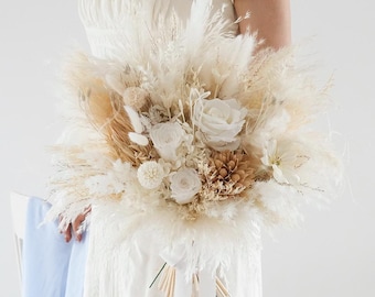 White Pampas Wedding Bouquet,White Preserved Rose,Rustic Wedding Bouquet Faux Silk & Dried  Flower Girl Bouquet