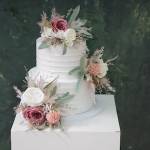 Boho Wedding Cake Topper Set: Sage Green Leaves, Silk Flowers