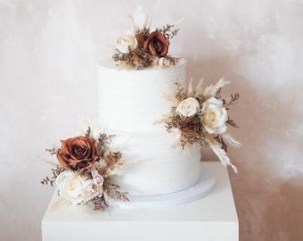 Floral Wedding Cake Topper Set: Silk Rose & Pampas Flowers