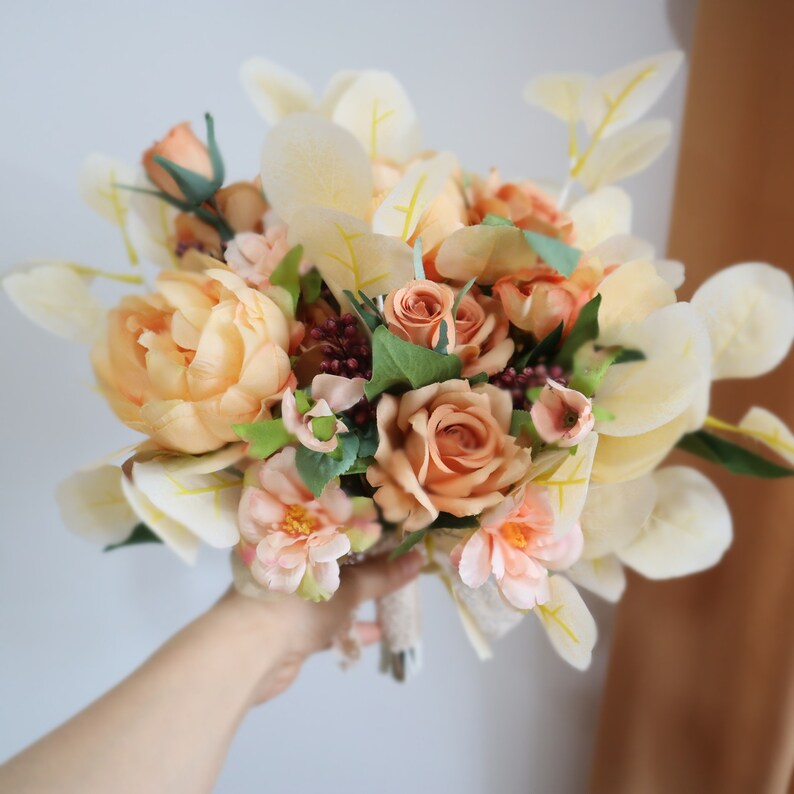 Orange white silk Rose peony Bridal bouquet, wedding bouquet, wedding flowers, Bridesmaid wedding flowers, Rustic boho wedding image 6