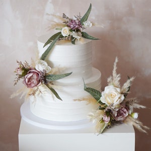 Purple Floral Wedding Cake Topper Set: Silk Flowers & Pampas