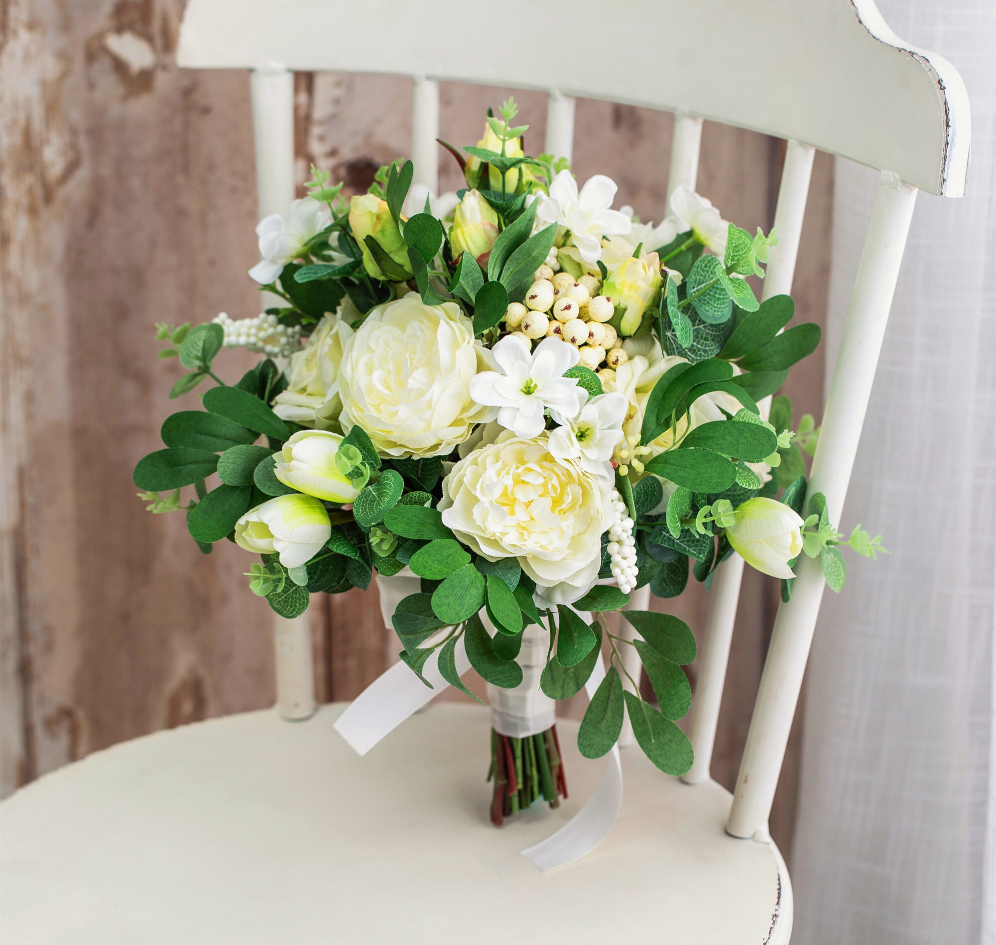 White Green Silk Rose Greenery Bridal Bouquetwedding Bouquet Etsy