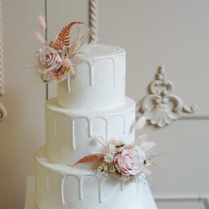 A Set of Two  Wedding Cake Topper, Pink Preserved Floral Cake Decoration, Cake Topper Flowers, Pampass Cake Flowers, Rustic Wedding