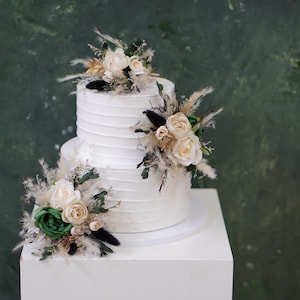 A Set Wedding Cake Topper, Emerald Green Flowers and Black Rabbit Tail Grass  Cake Decoration, Cake Topper Flowers, Pampass Cake Flowers