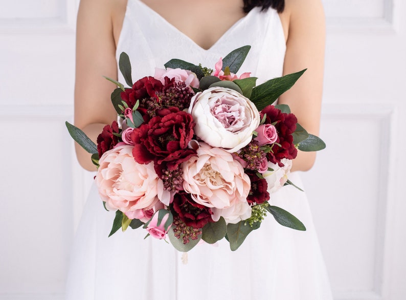 Red pink silk Rose peony Bridal bouquet,wedding bouquet, wedding flowers ,bridesmaid wedding flowers, rustic boho wedding Bridal-12"~14"