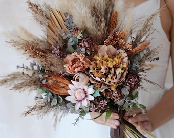 Rustic boho Wedding Bouquet,Artificial Faux Flowers Home Wedding Decor,bridal bridesmaids bouquets,Pampas grass bouquet