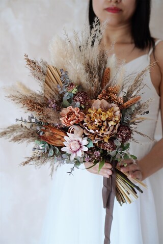 Bouquet Da Sposa Ansofi In Tonalità Polverose – Fiori Finti In Seta Per Damigelle – Stile Boho Vintage