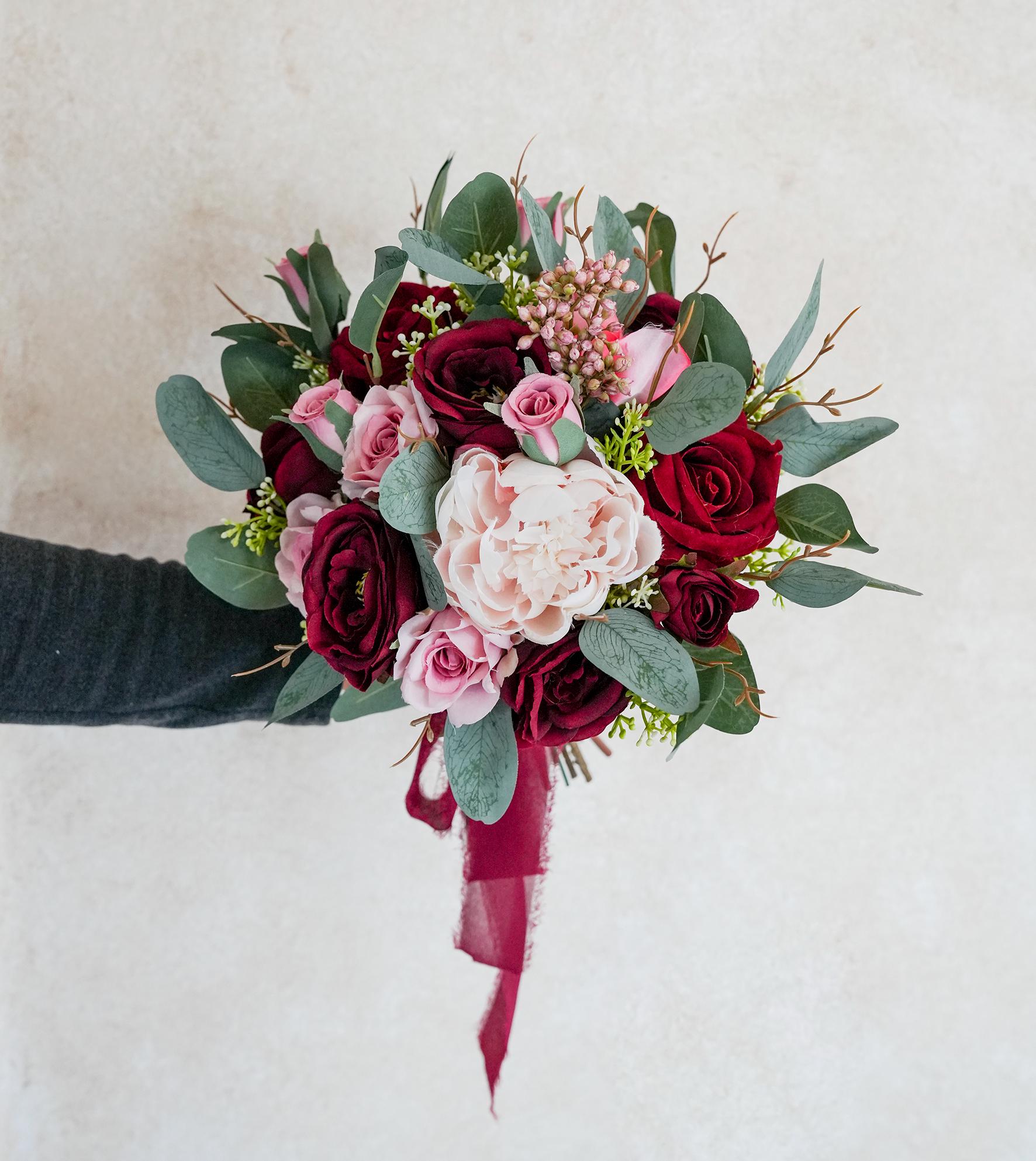 Bouquet Da Sposa Con Rose E Peonie Artificiali | Sciarpa Di Seta, Fiori Finti Per Matrimonio, Damigelle, Decorazione Casa Romantica