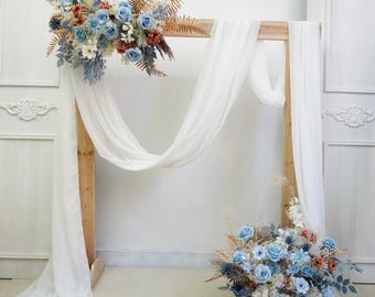 Gray-Blue Silk Flowers Arch arrangement-|Golden leaves Wedding arch flowers/Artificial Phoenix Feathers Arrangement