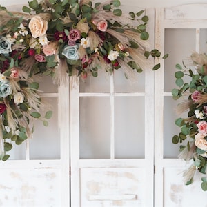 Dusty Blue Wedding Arch Flower Swag: Pampas & Burgundy Decor