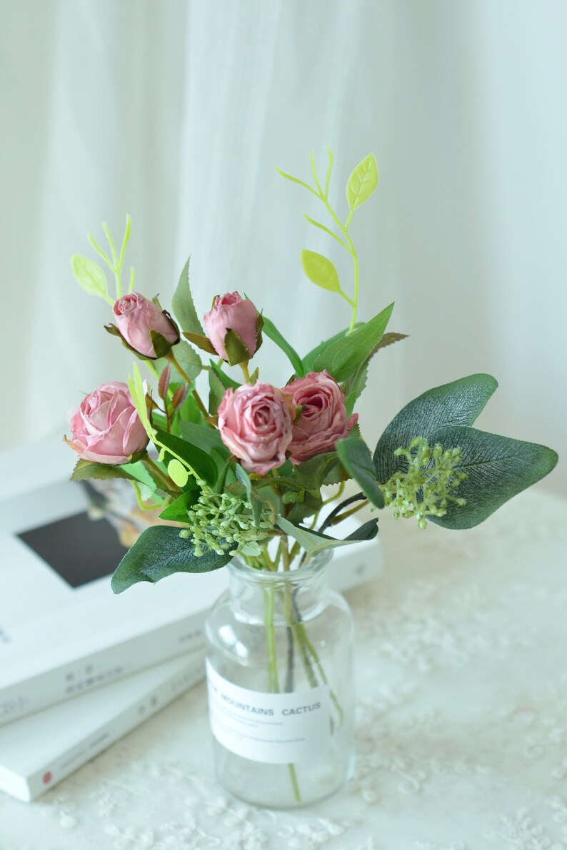 Silk Flower Arrangement in Small Glass Vase Pink Rose Floral - Etsy