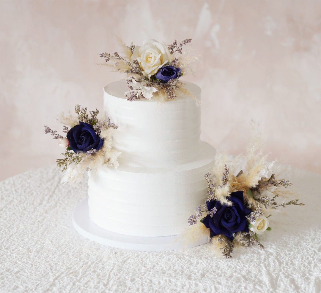 Navy Blue Floral Wedding Cake Topper Set: Silk Rose & Pampas - Etsy