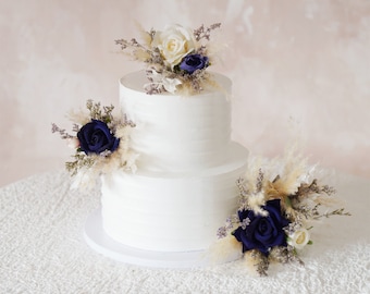 Navy Blue Floral Wedding Cake Topper Set: Silk Rose & Pampas