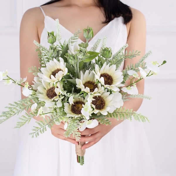 white silk sunflower peony Bridal bouquet,wedding bouquet, wedding flowers ,bridesmaid wedding flowers, rustic boho wedding