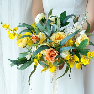 Yellow white silk Rose greenery Bridal bouquet,wedding bouquet, wedding flowers ,bridesmaid wedding flowers, rustic boho wedding