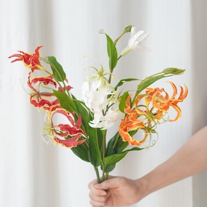 Può includere: Un mazzo di fiori arancioni, rossi e bianchi con foglie verdi. I fiori sono disposti in una mano.