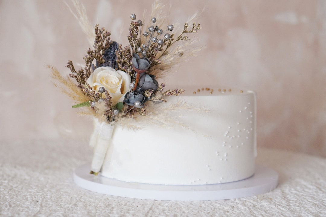 Wedding Cake Topper, Grey Blue, Silver, White Floral Cake Decoration