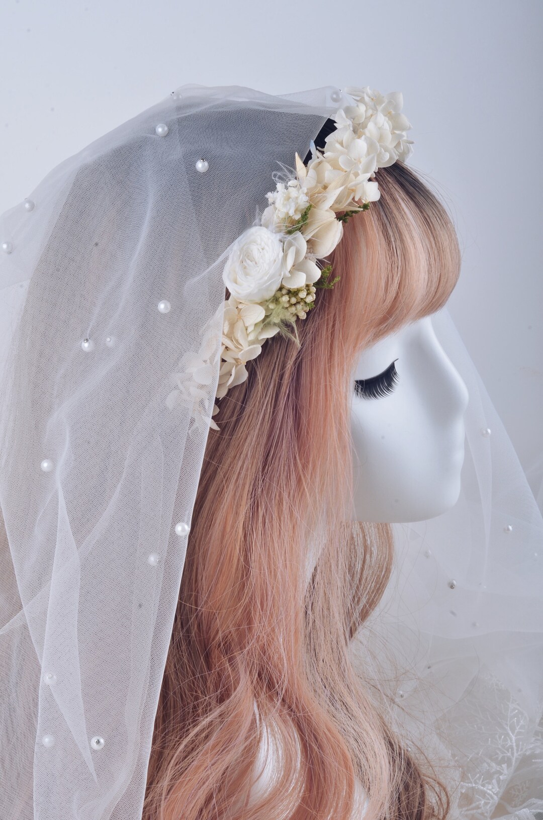 Preserved Natural Real Flower Rose Crown, White Austin Rose Hydrangea ...