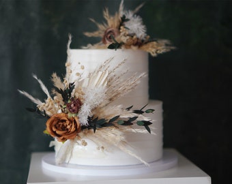 Terracotta Rose Cake Topper: Handmade Pampas & Fan Decoration