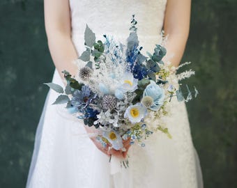 Silk Rose Bridal Bouquet: Grey-Blue Boho Wedding Flowers