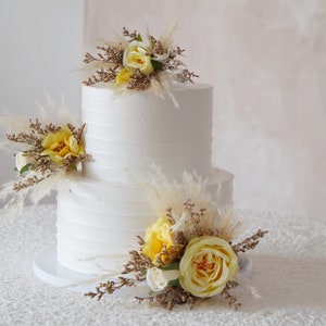 A Set Wedding Cake Topper, Yellowe Floral Cake Decoration,  Pampass Cake Flowers, Rustic Wedding, Boho Wedding