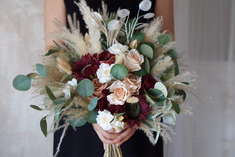 Rustic boho Wedding Bouquet,Artificial Faux Flowers Sunflower Rose Home Wedding Decor,bridal bridesmaids bouquets,Pampas grass bouquet 16 inches