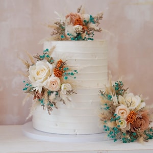 A Set Wedding Cake Topper, Jade, Marigold and Grey Pink Floral Cake Decoration, Cake Topper Flowers, Pampass Cake Flowers, Rustic Wedding