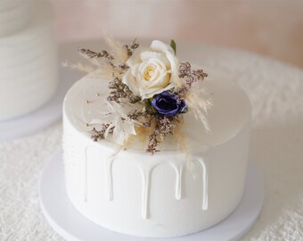 Floral Wedding Cake Topper: Cream, White, Blue, and Pampas
