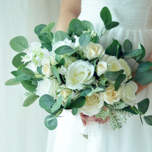 white green silk Rose greenery Bridal bouquet,wedding bouquet, wedding flowers ,bridesmaid wedding flowers, rustic boho wedding