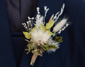 Green&White dried flowers boutonnière, Everlasting flowers, wedding brooch, groom buttonhole