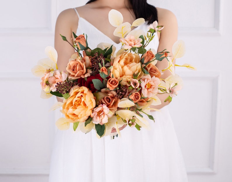 Orange white silk Rose peony Bridal bouquet, wedding bouquet, wedding flowers, Bridesmaid wedding flowers, Rustic boho wedding image 2