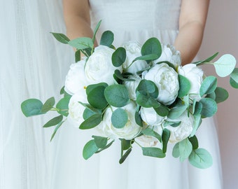 Soie blanche Rose pivoine bouquet de mariée, bouquet de mariage, fleurs de mariage, fleurs de mariage de demoiselle d'honneur, mariage boho rustique