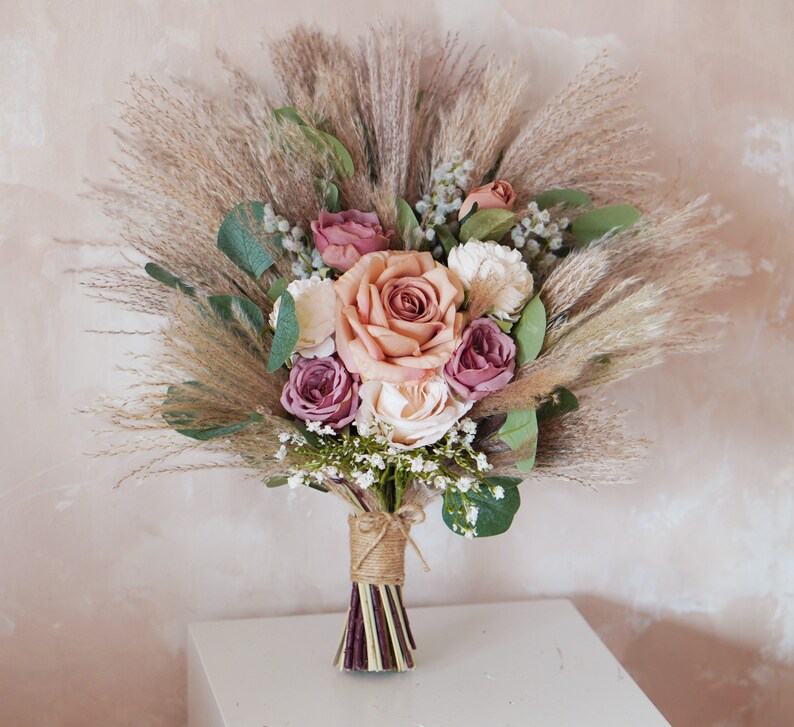 Rustic boho Wedding Bouquet,Artificial Faux Flowers Home Wedding Decor,bridal bridesmaids bouquets,Pampas grass bouquet 16 inches