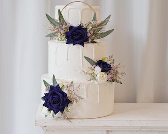 Navy Blue Floral Cake Topper Set: Rustic Boho Wedding Flowers