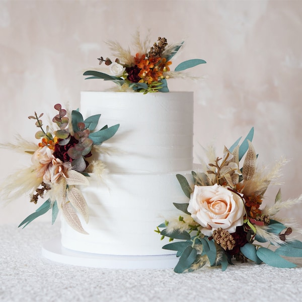 Un ensemble de décorations pour gâteau de mariage, fleurs en terre cuite, feuille verte, décoration florale de gâteau, fleurs pour gâteau Pampass, mariage rustique, mariage bohème