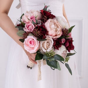 Red pink silk Rose peony Bridal bouquet,wedding bouquet, wedding flowers ,bridesmaid wedding flowers, rustic boho wedding image 2