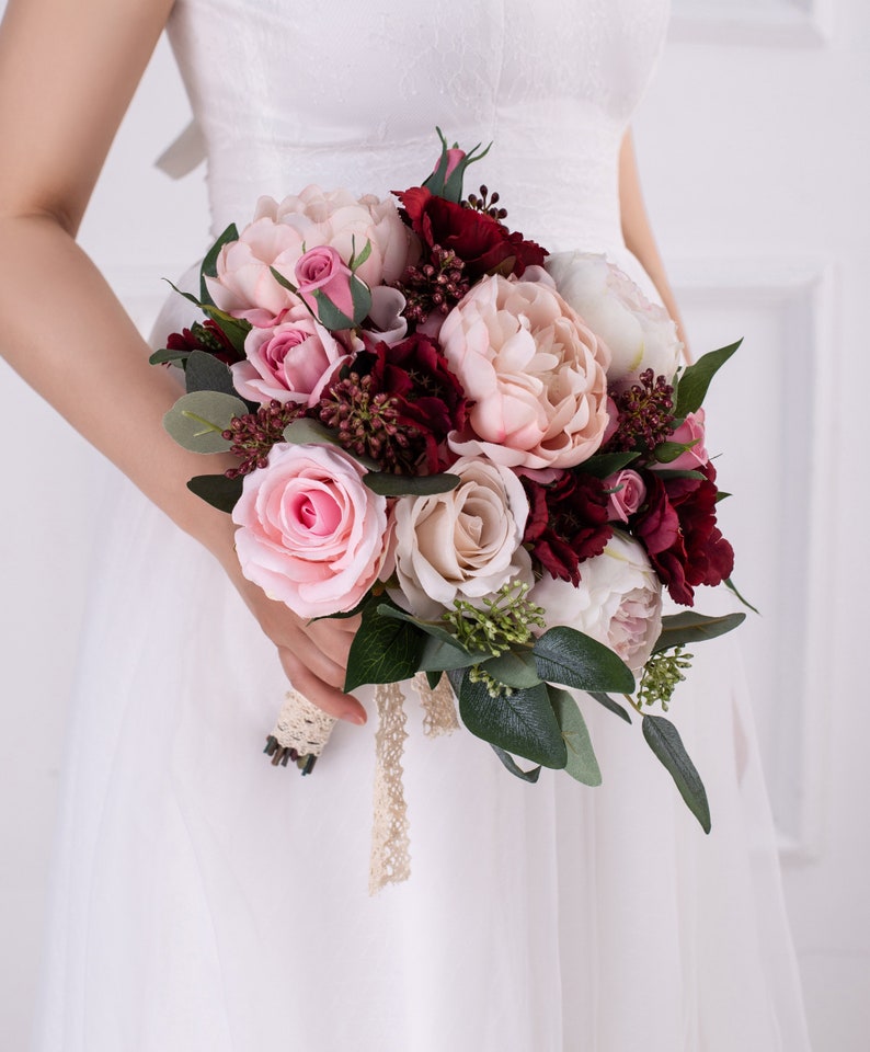 Red pink silk Rose peony Bridal bouquet,wedding bouquet, wedding flowers ,bridesmaid wedding flowers, rustic boho wedding image 2